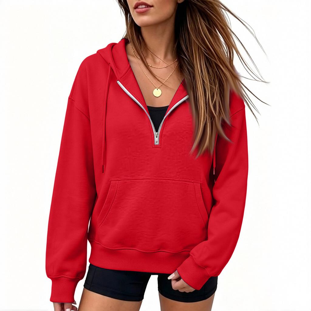 Women's Half Zip Hoodie Long Sleeve Color Thick Lined Sweatshirt for Fall