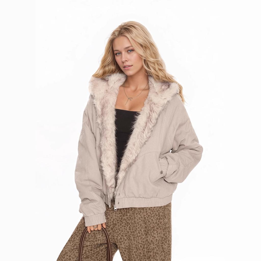 American vintage mountain carving jacket for women, autumn/winter hooded fur collar short jacket, thickened fluffy hot girl jacket, street style