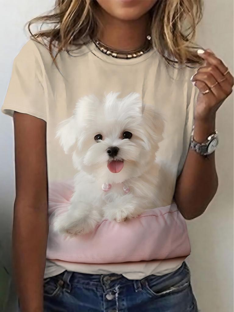 Cute Puppy Pattern Fabric. Women's Casual and Comfortable Round-neck T-shirt. Fashionable Women's T-shirt. Perfect As a Gift