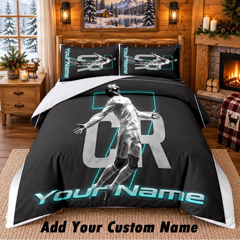 Cristiano Ronaldo Pattern Bedding 3Pcs Set Custom Name, Bed Sheet And Pillowcases For Home Bedroom