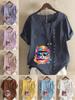 Women's Fashion Colorful Cat Print Round Neck Short Sleeve T-shirt Summer Casual Cotton Linen Graphic Shirt Leisure Loose Blouse Tops