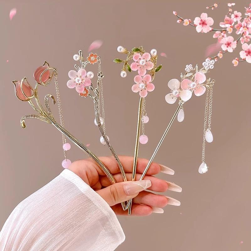 Sweety Romantic Hairpin For Women Vintage Chinese Style Flower Tassel Hair Stick Elegant Trendy Metal Jewelry Hair Accessories