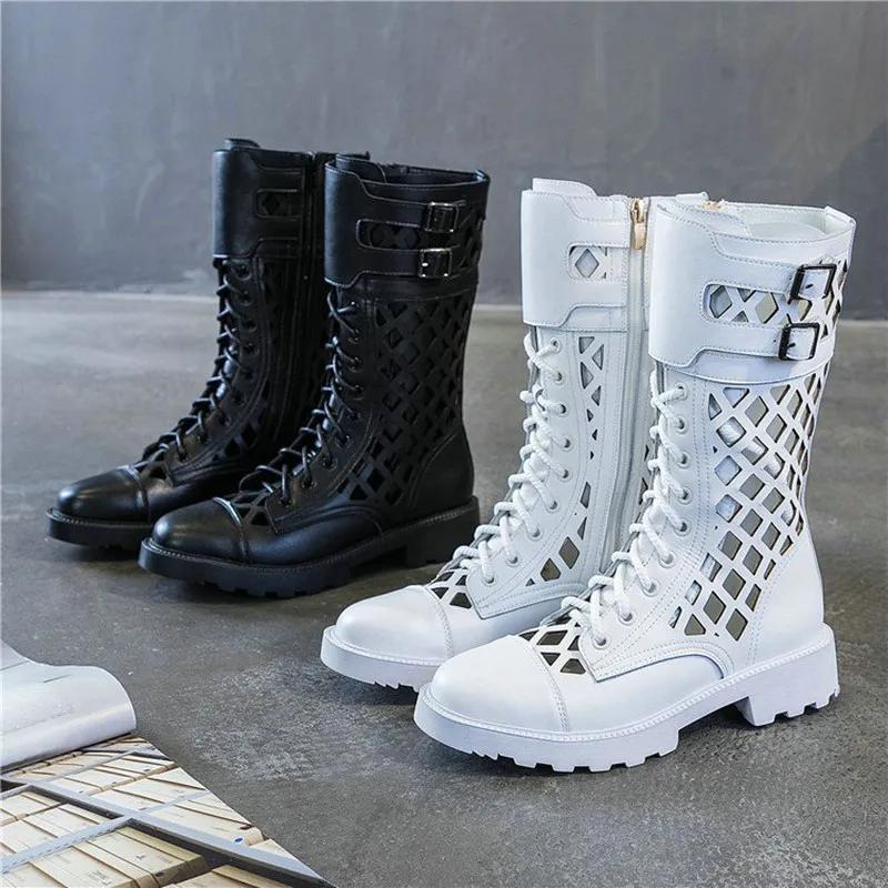 Women's Summer Knee High Boots Hollow Out Sexy Round Toe Cowhide Leather Square Heel Woman Back Zipper Booties Shoes