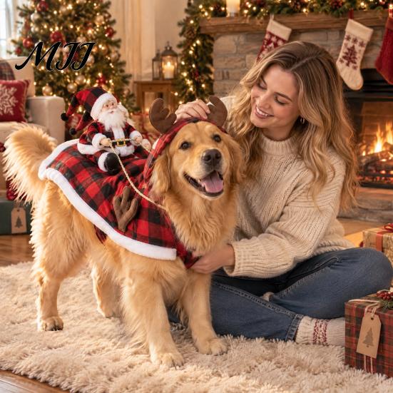 Pet Christmas Photo Props Santa Riding Dog Costume, Rider Outfit, Hooded Funny Holiday Costume for Winter Cosplay Small Medium Large Dogs, Xmas Party