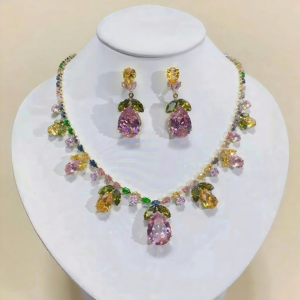 Luxurious Colorful Zircon Necklace & Earrings Set - Cross-Border Fashion Jewelry