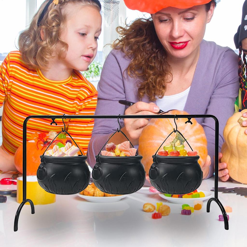 Halloween Witch Bucket 3 Can Iron Rack Set Candy Bucket Cauldron Candy Bowl Iron Pot Bucket for Treat Kitchen Dining Home Decor