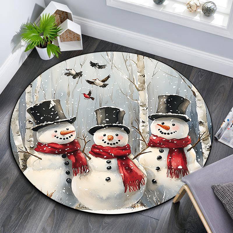 Forest Snowman Round Area Rug,Carpet Rug for Living Room Bedroom Sofa Playroom Decor,Non-slip Floor Mat