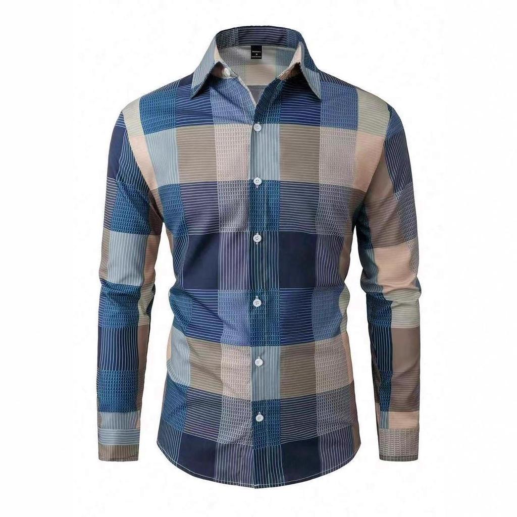 Men's Plaid Pattern Digital Print Long-Sleeve Button-Up Shirt for Autumn and Winter