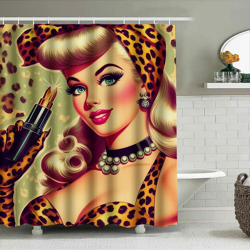 Vintage Pin Up Girl Cosmetics Shower Curtain Leopard Print Design For Bathroom Decorations