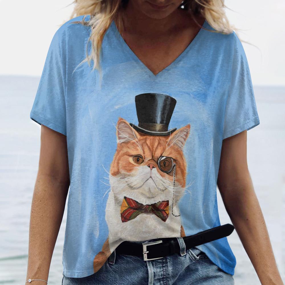 

Костюм с принтом кота, женские футболки с v-образным вырезом, пуловер в повседневном стиле, свободная футболка большого размера с короткими рукавами, летняя женская одежда 2024 6XL