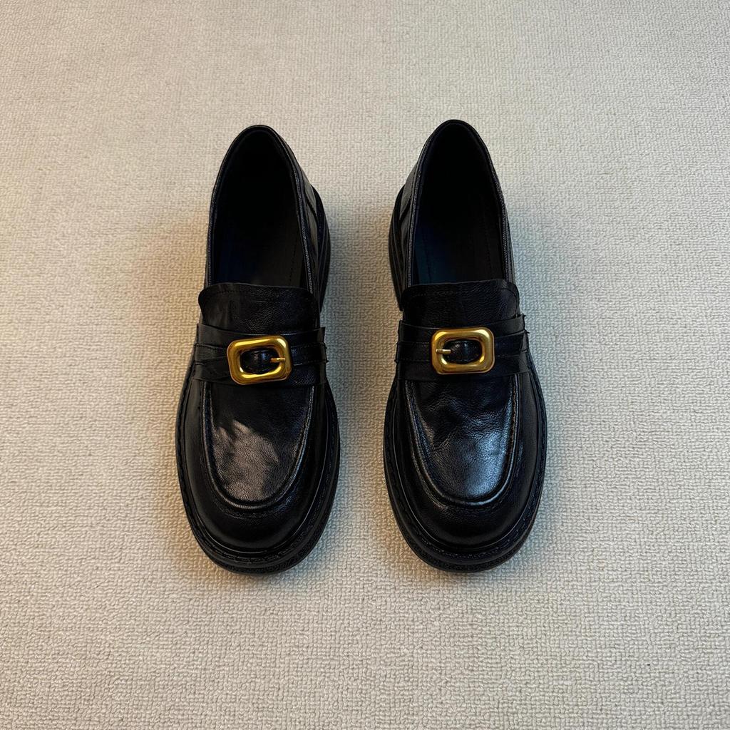 Sheepskin Version~ Thick-soled Metal Buckle Women's Leather Round Head Simple One-pedal Medium Heel Small Leather Shoes