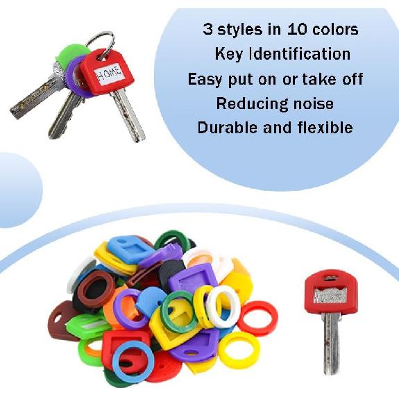 60 Pieces Key Color Covers Plastic Key Color Identifiers 3 Styles 10 Assorted Colors Key Toppers for House Keys Organization Key Identifier Rings