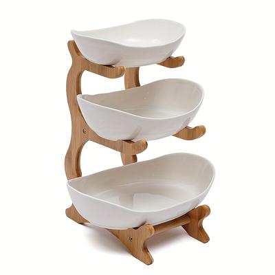 3 Tier Fruit Tray Bamboo Wood Stand Light Luxury Ceramic Snack Plate for Candy Dessert Tabletop Home Decor Organizer