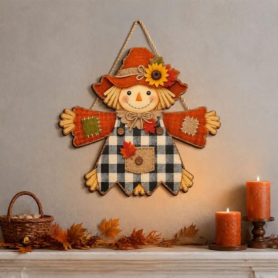Front Door Welcome Sign Fall Wooden Hanging Sign, Autumn Scarecrow & Pumpkin Maple Leaf Entryway Ornament Hanger, Harvest Thanksgiving Decor,