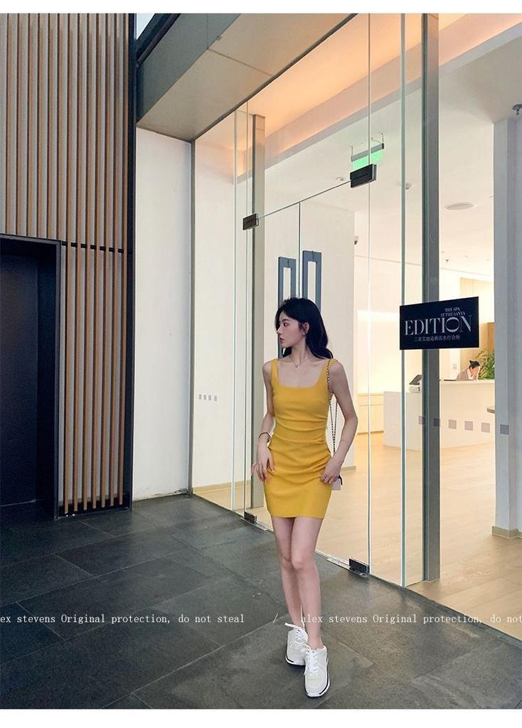 Temperament Korean version of square neck pleated waist summer suspender dress slim sexy short skirt spring summer skirt