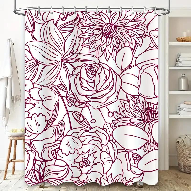 Vintage Floral Red Printed Bath Curtain Waterproof Decor Shower Curtain Home Decorations Decoration Window Treatment 81x72in (W
