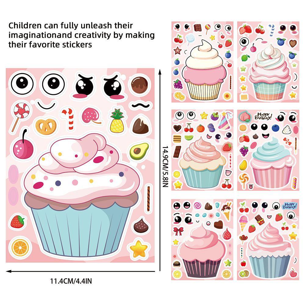 16Sheets Cute Cartoon Pink Cupcakes Puzzle Stickers Make A Face Diy Assemble Jigsaw Decals Birthday Party Decoration Supplies