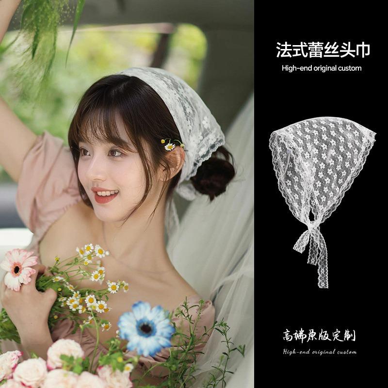 Headscarf summer women's pastoral triangle scarf literary retro crochet triangle scarf hat Y2K hot girl girl children hollow bud