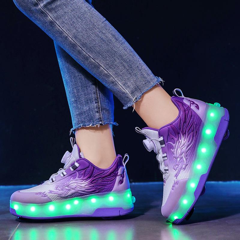 Children's Roller Skates Removable Flat Charging LED Four Wheels Glowing Sports Shoes Pink Women's Glowing Sneakers