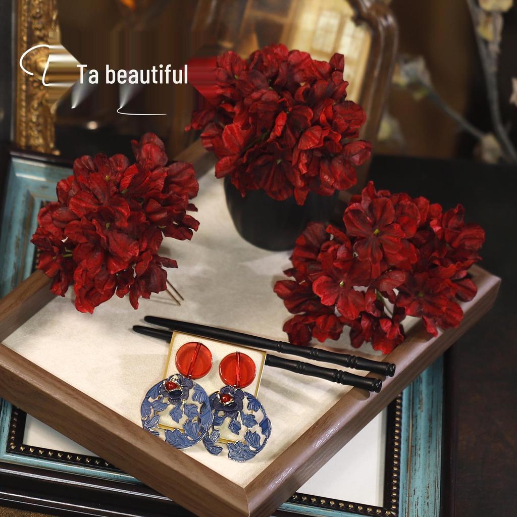 Retro Wine Red Fabric Flower Bridal Hairpin - Classical Chinese Style Headpiece