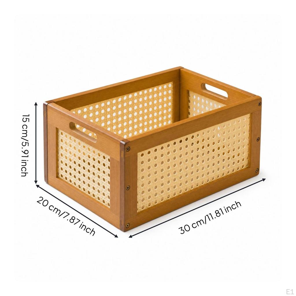 CD Storage Box Wooden Desktop Organizer with Handles Rattan Holder for Collectors, Music Lovers,