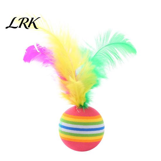 Elastic Cat Ball Colorful Striped Ball, Soft Foam with Feathers, Quiet Toy Feather Interactive for Indoor Cats Kittens