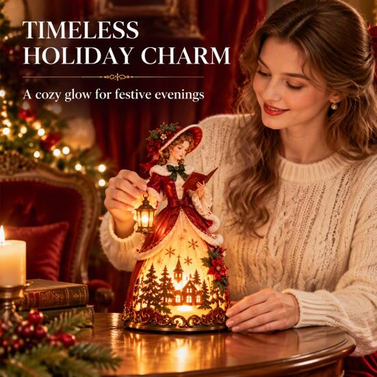 Birthday Present for Friends Christmas Carol Girl Desk Lamp, Resin Victorian Statue Night Light, European Style LED Hand Painted Figurine Gift