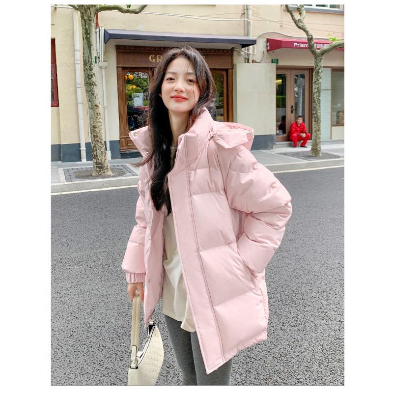 Womens Short Puffer Jacket With Hood White Duck Down Warm Loose Fit Small Stature Students Casual Winter Coat