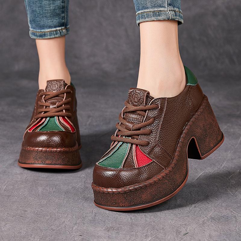 GKTINOO Retro High Heels Women Shoes Flat Platform 7cm Thick Heels Shoes Mixed Colors Genuine Leather Luxury Lace Up Shoes