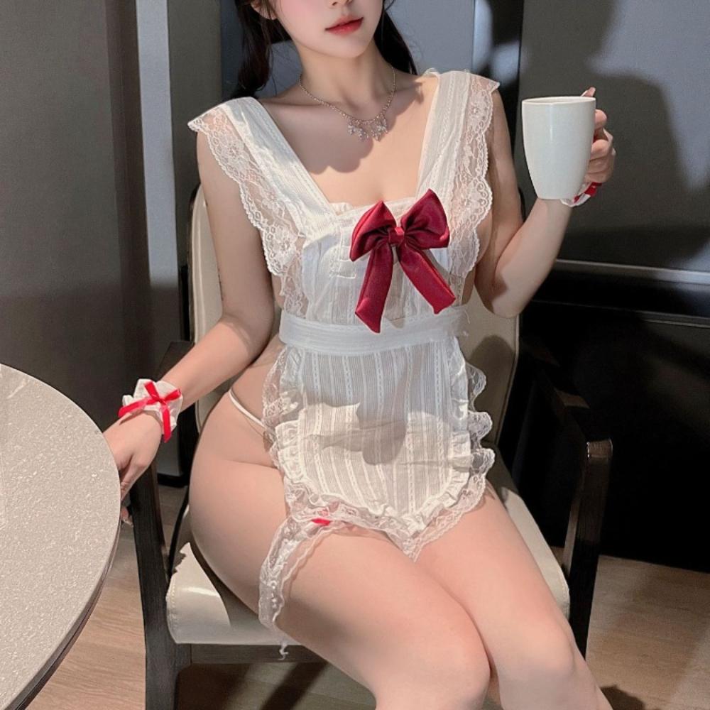 Anime Maid Dress Women Sexy Cosplay Lingerie Costumes Servant Apron with Panties Set Uniform Lolita Exotic Clothing Lace White
