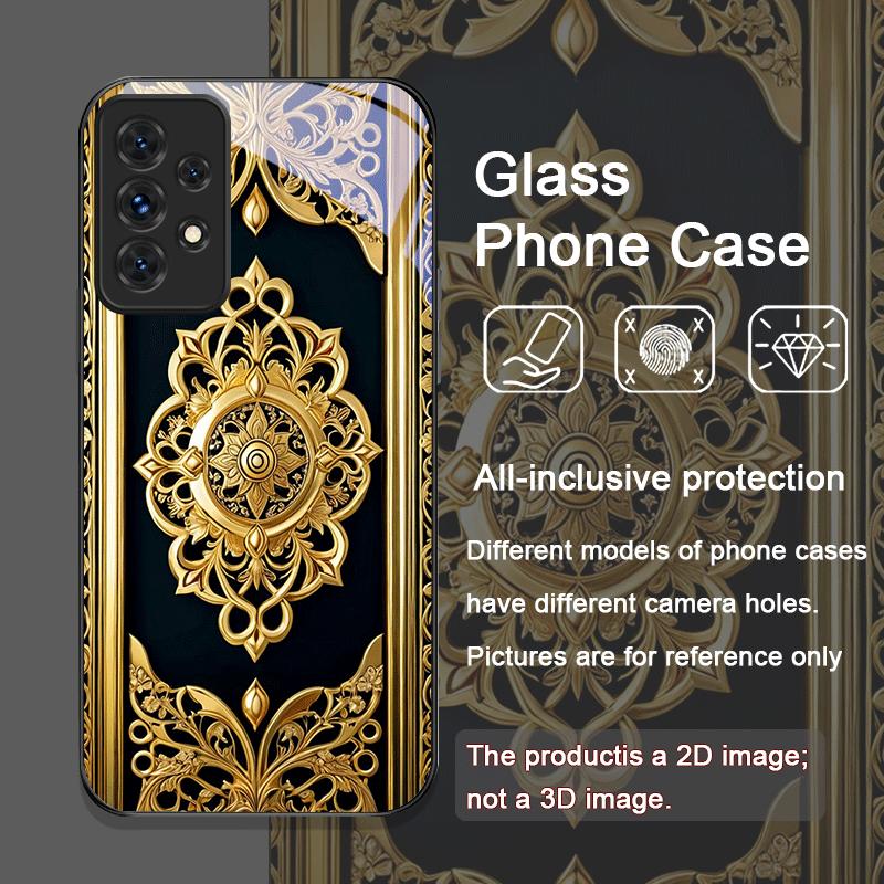 Golden Vintage Embossed Tempered Glass Phone Case for Samsung Galaxy A06 A17 A55 A54 A53 A52 A36 A14 A31 5G Floral Pattern Cover