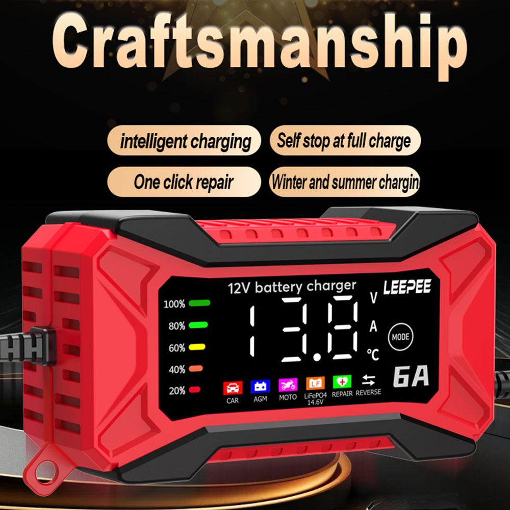 Digital LCD Display 2025 Car Battery Charger Voltage Temperature Detection 12V 6A Intelligent Pulse Repair SUV Motorcycle Truck Overvoltage Protection