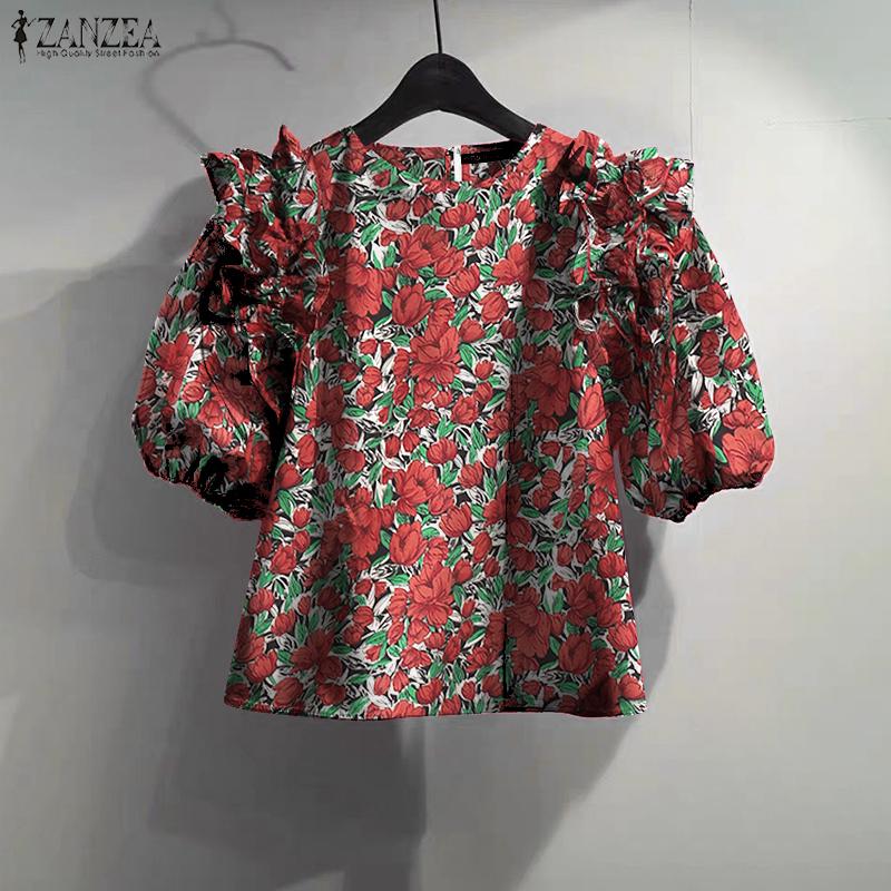 ZANZEA Women Summer Floral Print Casual Round Neck Short Sleeve Blouse
