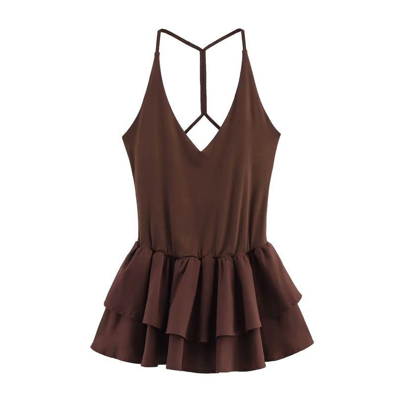 Spring and Summer Women Clothes Laminated Decorative Hem Patchwork Hanging Collar Fashion Sleeveless Short Dress 4174376