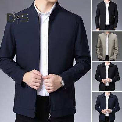 Men Jacket Lapel Long Sleeve Zipper Placket Middle-aged Coat with Side Pockets Solid Color Casual Jacket Outwear