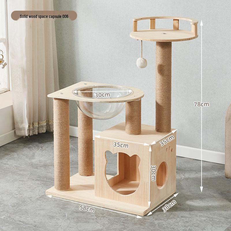 Solid Wood Multi-Layer Cat Climbing Frame with Space Capsule Bed and Shelf