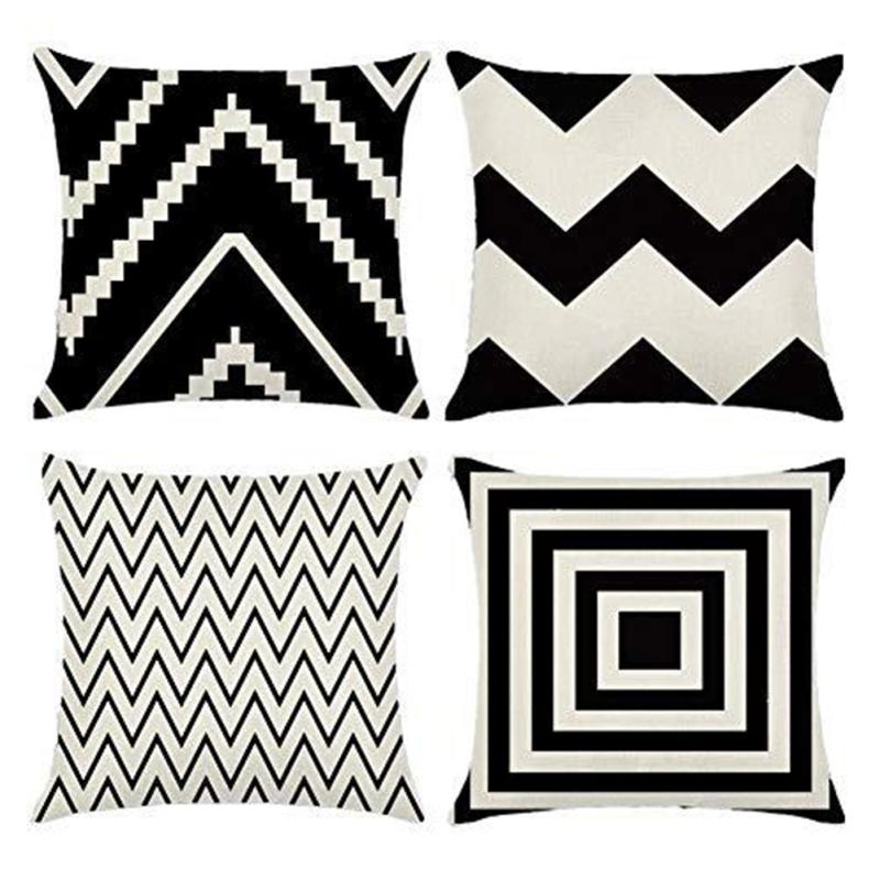Cushions  Covers, Linen Simple Black White Plaid Geometric Wave Pattern Pillowcase, Soft Breathable
