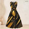 Women Plus Size Two Piece Set Black Gold Geometric Printed Sleeveless Round Neck Tie Waist Flared Dress Three Quarter Sleeve Open Front Cardigan