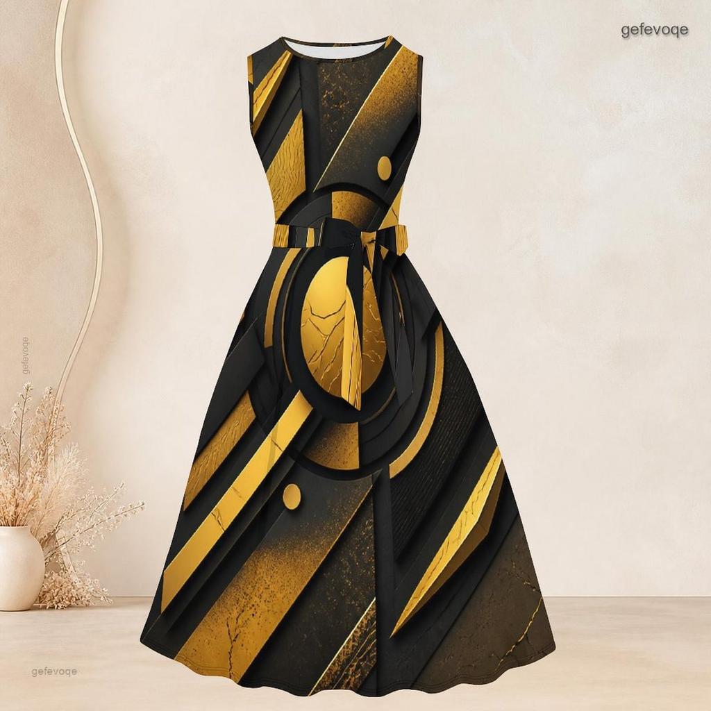 Women Plus Size Two Piece Set Black Gold Geometric Printed Sleeveless Round Neck Tie Waist Flared Dress Three Quarter Sleeve Open Front Cardigan