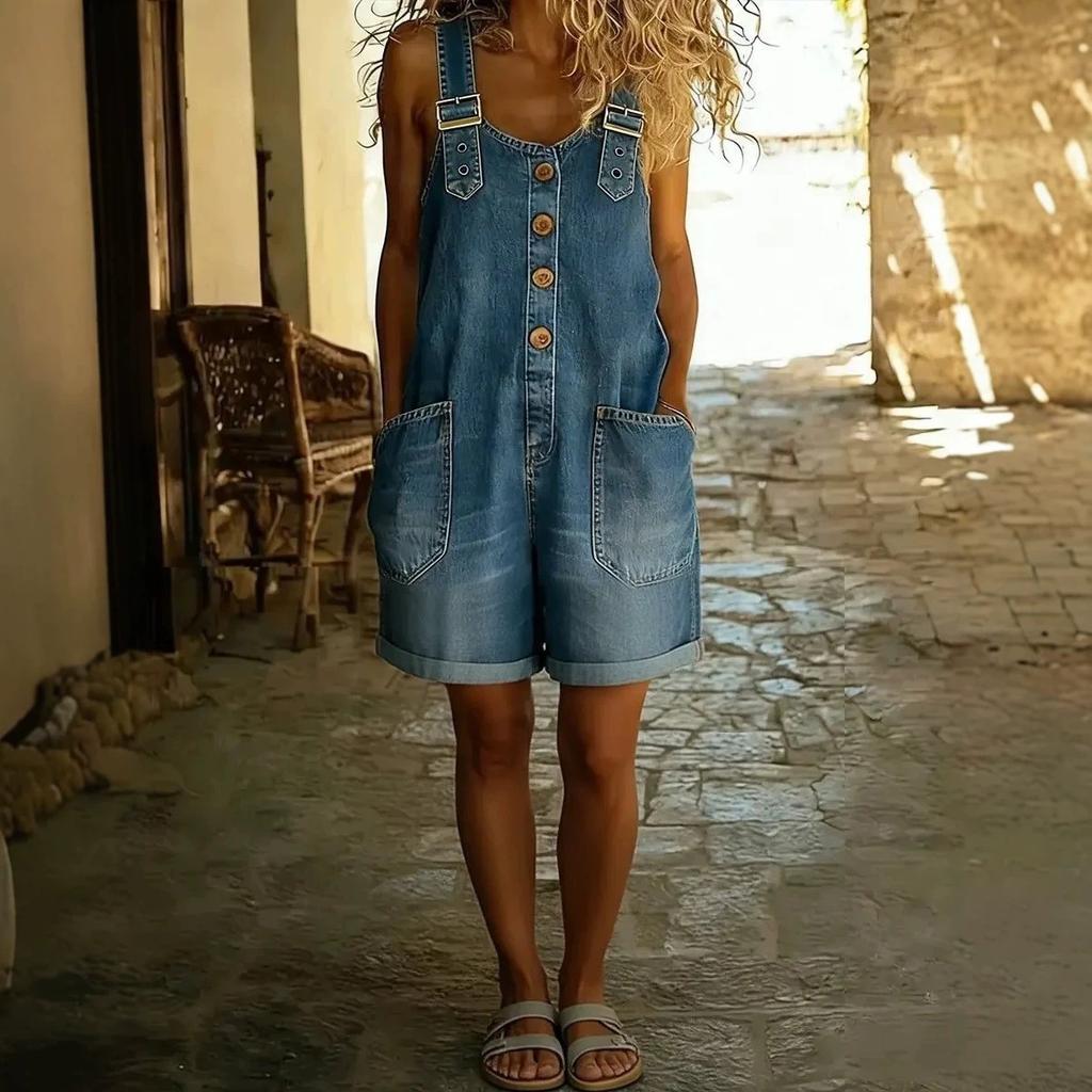 Tuta corta in denim lavato da donna per l'estate, nuova