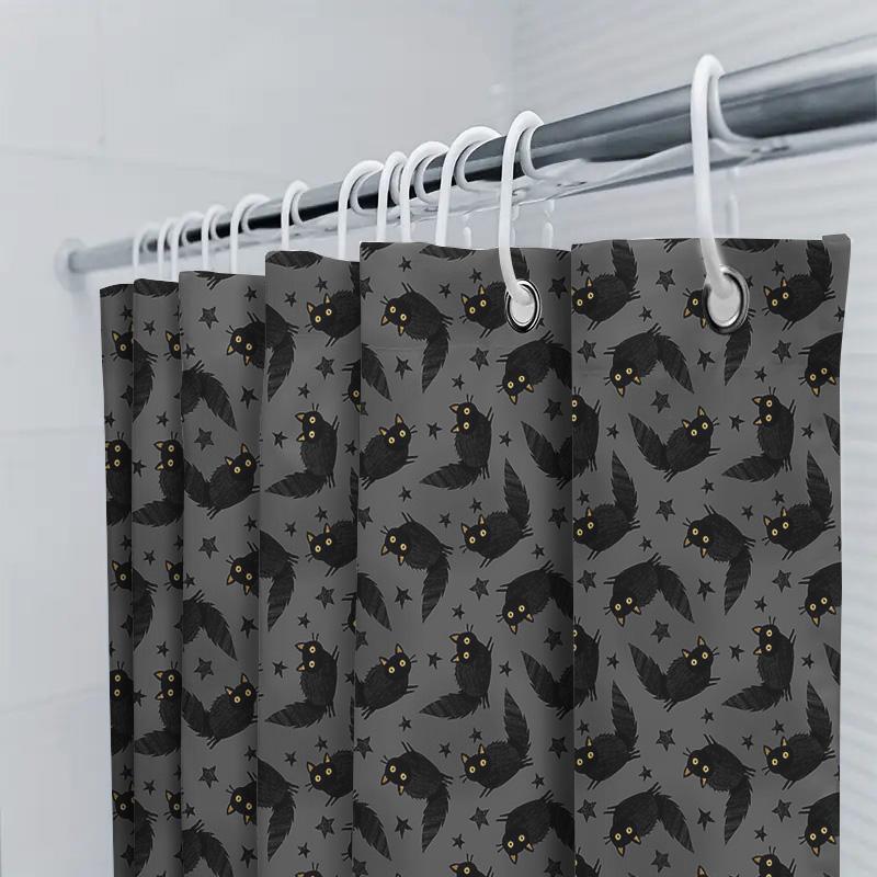 Black Cat Shower Curtain Spooky Halloween Decor Cute Kitten Bathroom Set Washable Waterproof Home Decor Artistic Pattern Modern