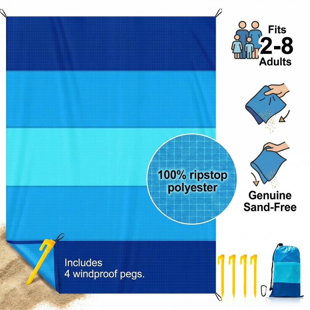 Oversized Beach Blanket Sand Free Water Resistant Ripstop Polyester Picnic Mat with 4 Stakes for 2-8 Adults Large Outdoor Rug