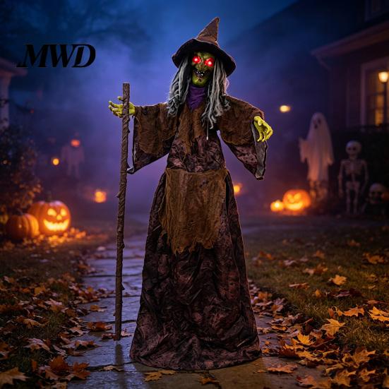 Motion Sensor Haunted Props Halloween Scary Animatronics Witch Decoration, Sound Activated Standing with Creepy Secret Room Accessories Voice, Horror
