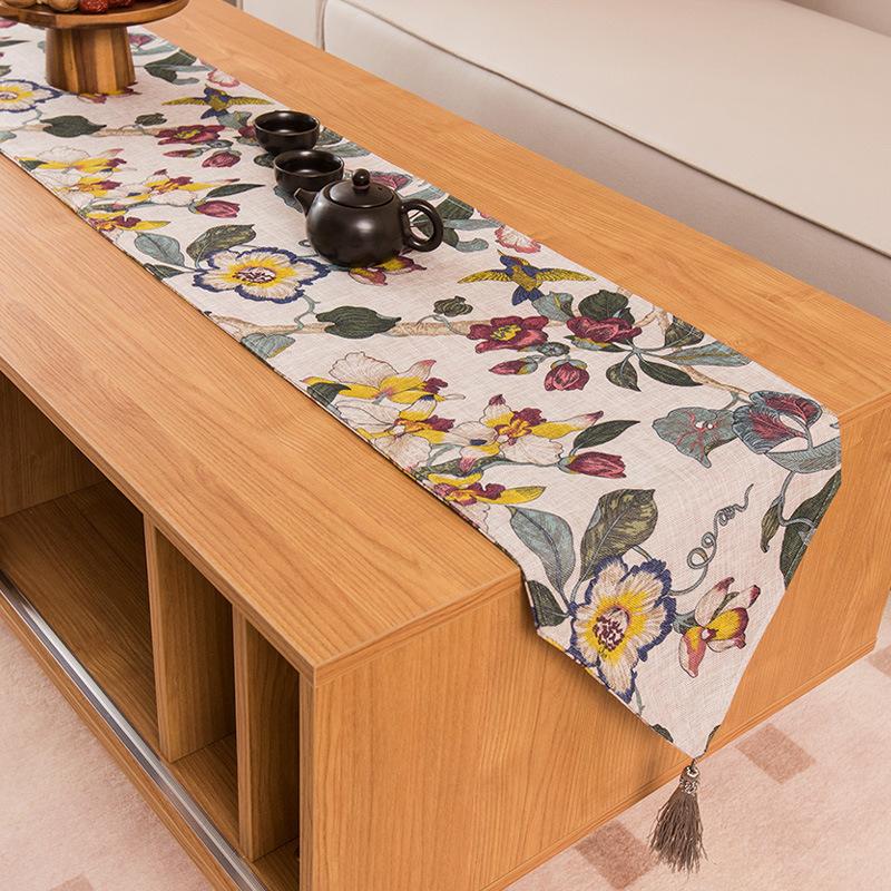 

New Chinese style coffee table tablecloth cotton linen flower bird zen tea party tea table tea table mat TV cabinet cover towel long table flag 30x120