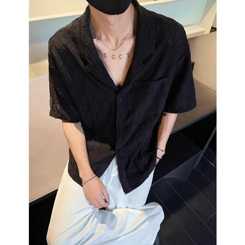 

mens eyelet lace camp collar shirt casual oversized short sleeve top M чорний