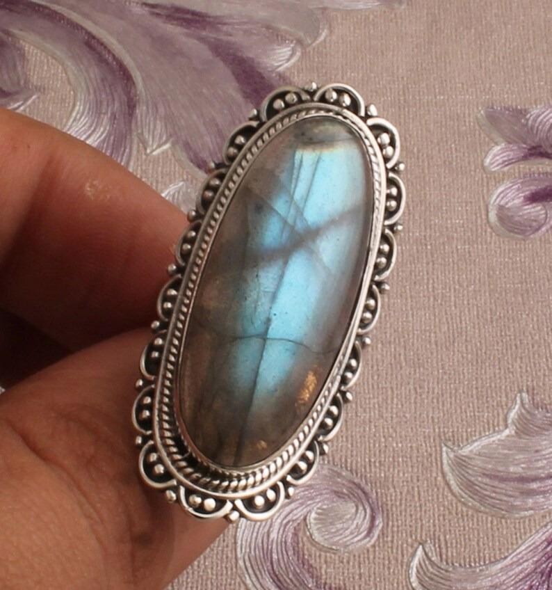 Labradorit Edelstein Ring massiver Stein 925 Sterling Silber blauer Stein Ring für Damen Geschenkidee Edelstein Schmuck ca. 8,5 g