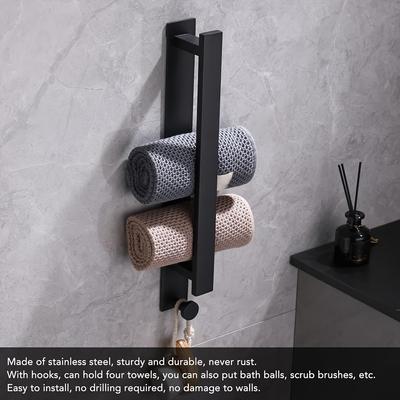1pc Space-Saving Towel Bar With Hooks - No-Drill, Wall-Mounted Bathroom Towel Rack For Guests