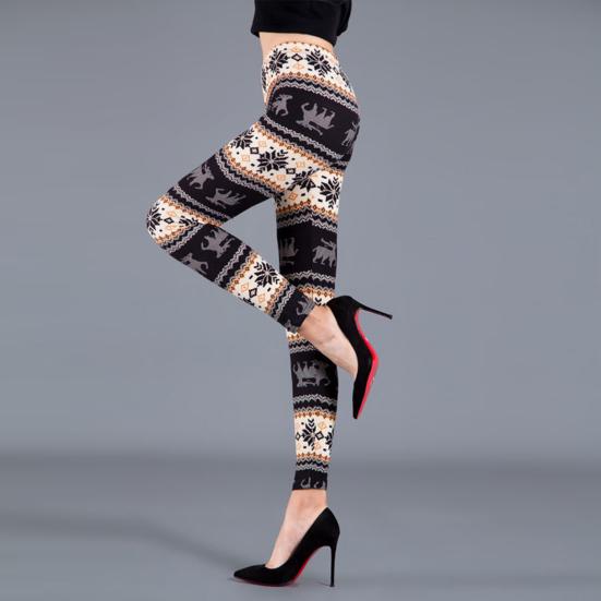 Høst Vinter Damebukser Snowflake Elgtrykk Høy midje Magekontroll Myk Elastisk Termisk Skinny Butt-løftet Yogabukse Lady Leggings