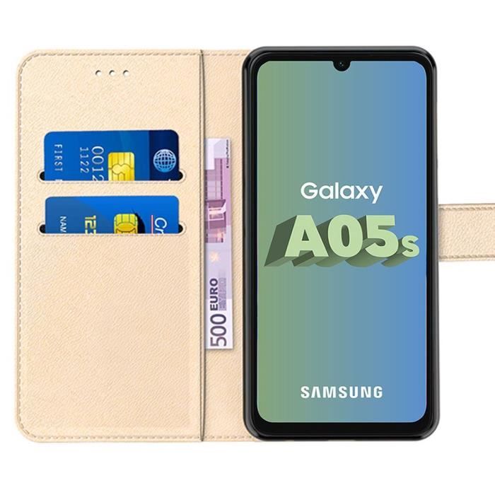Coque + 2 verres trempés pour samsung galaxy a05s, protection antichoc en cuir pu doré (pas pour a05)