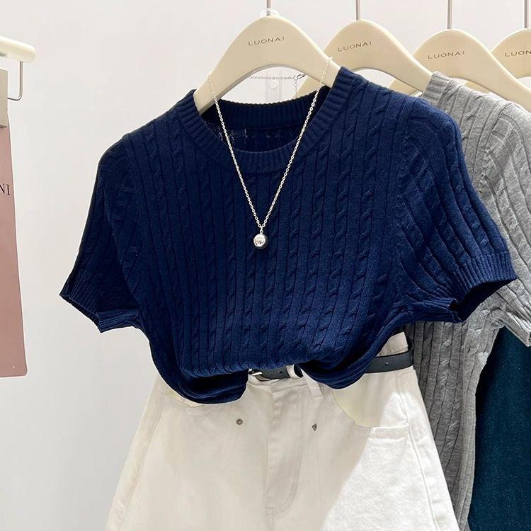 Dámské Vynikající Modré Copánkové Pletené Tričko Slim Fit - Letní Top s Krátkým Rukávem